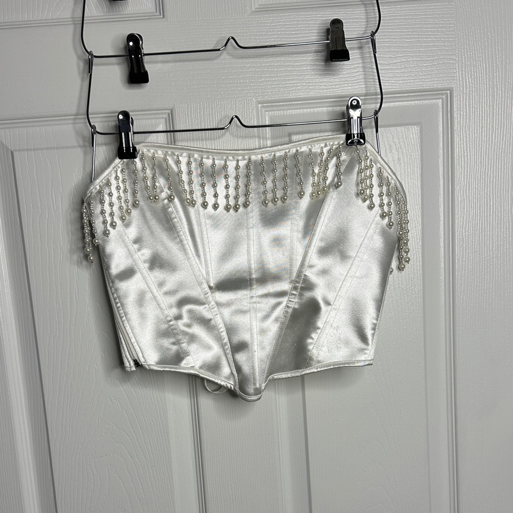 White Satin Corset Top with Pearl Fringe